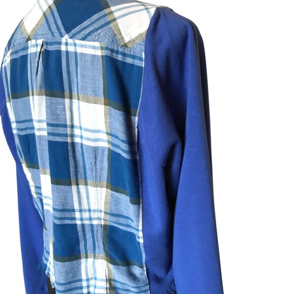 Cropped Plaid Shirt, Size S-M: Blue Sweatshirt Jacket, Upcycled Grunge Style - Picture 7 of 10